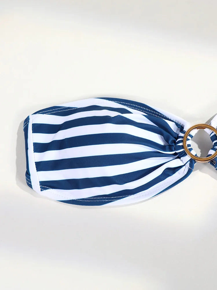Sexy Bandeau Striped Bikinis Women's Swimwear 2025 Thongs Swimsuit Biquini Beachwear Bathing Suit Sexy Two Piece Ring Bikini Set