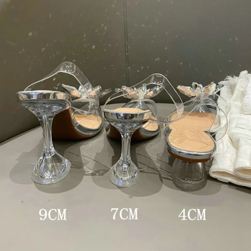 Silver Baotou Sandals Women 2025 New Summer Beautiful Pointy Wine Glass Celebrity Crystal Flower Transparent High Heels