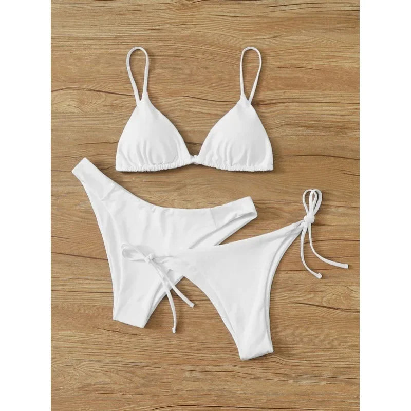 OIINAA Sexy Bikini Set Women Swimsuit Solid Three-pieces Lace Up Bow Swimwear Beachwear Summer 2025 Thong Bather Bathing Suit