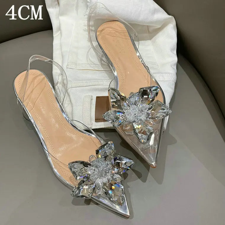 Silver Baotou Sandals Women 2025 New Summer Beautiful Pointy Wine Glass Celebrity Crystal Flower Transparent High Heels