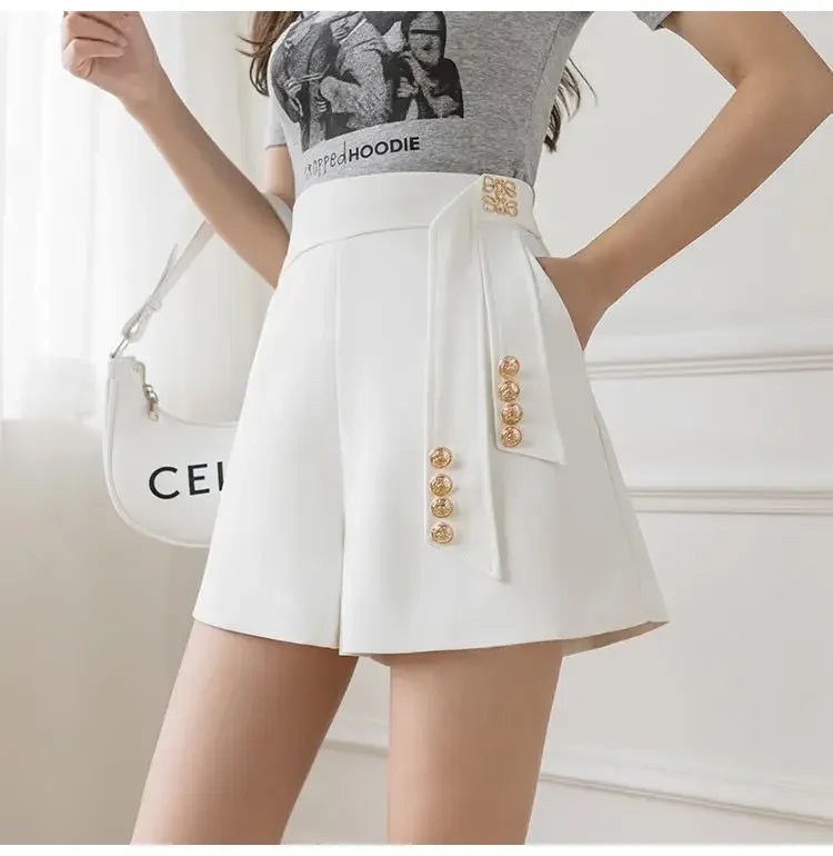 Casual All-match High Waist Wide Leg Shorts for Female Simplicity Commute Solid Color Spliced Shorts Fashion Women's Clothing