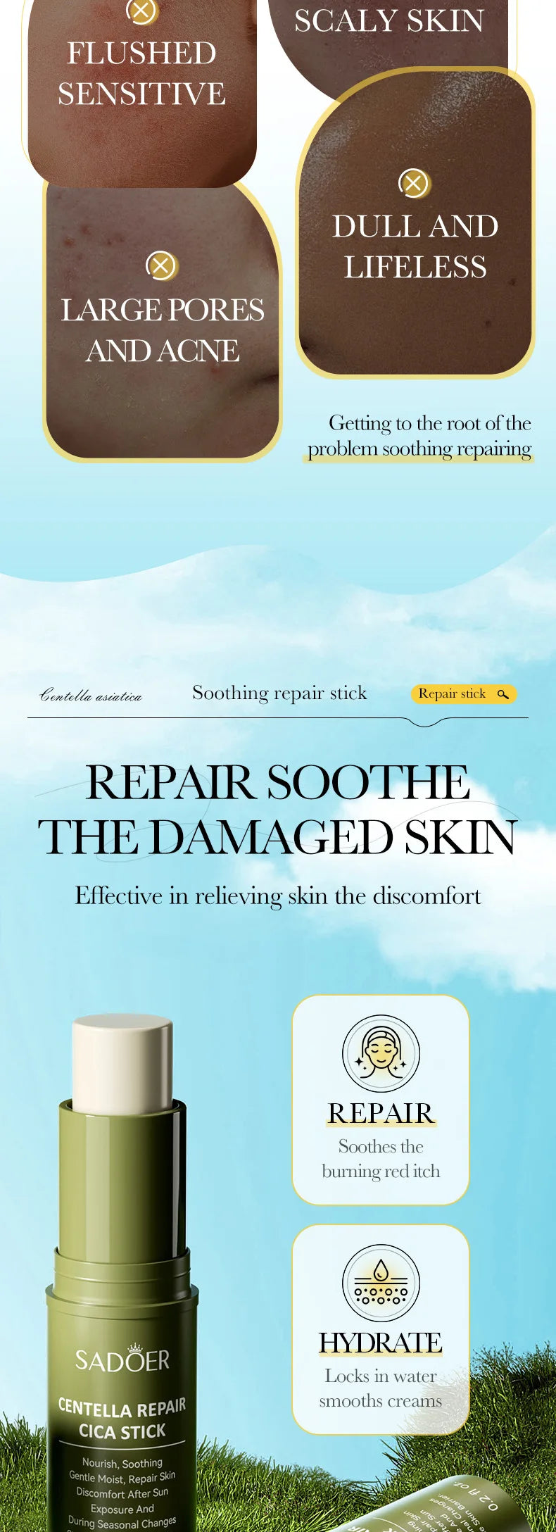 SADIER Centella Solid Face Cream Stick Smooth Repair Skin Barrier Moisturizing Oil Control Makeup Removal Face Skin Care Stick