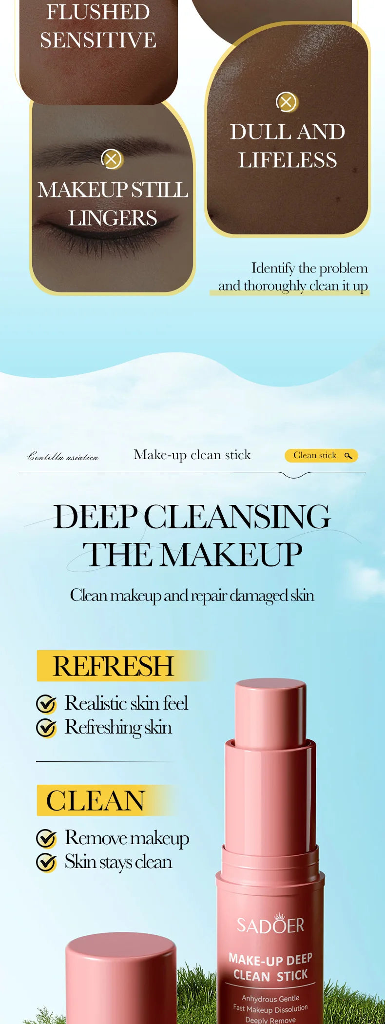 SADIER Centella Solid Face Cream Stick Smooth Repair Skin Barrier Moisturizing Oil Control Makeup Removal Face Skin Care Stick