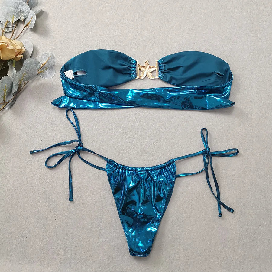 2024 New Bandeau Swimwear Off Shoulder String Two-piece Bikini Set Starfish Patchwork Bathing Suit Shiny Thong Swimsuit Biquini