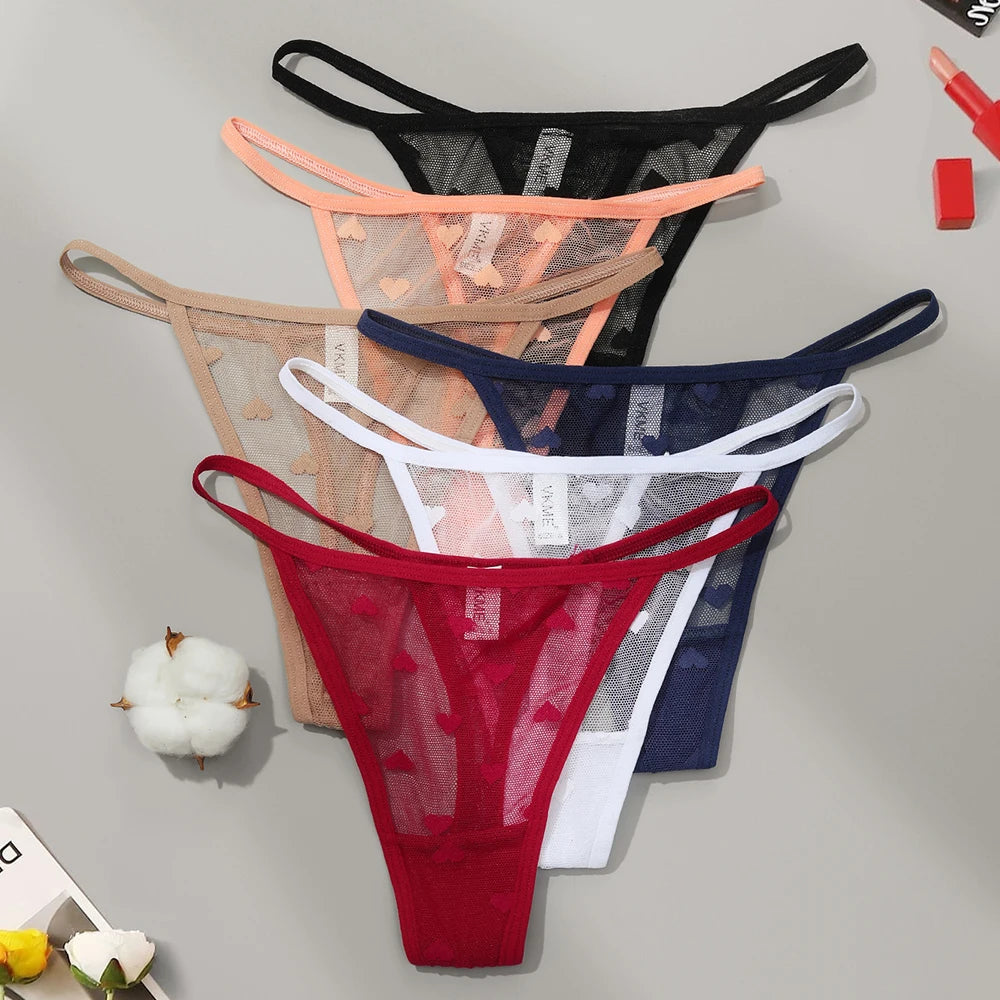 Sexy Lace Sheer Thong Panties Underwear Women's Low Waist G-String T-Pants Lingerie Panties Heart See Through Mesh Underpants