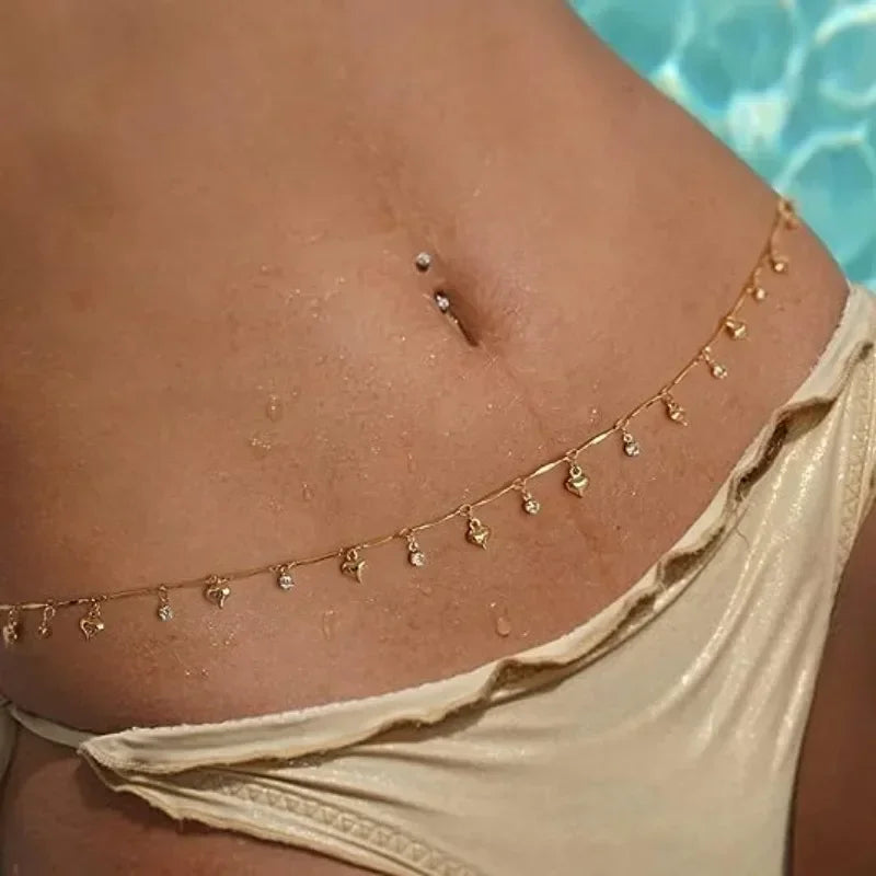 Versatile Peach Heart Sexy Body Chain Ladies' Summer Beach Bikini Body Accessories Simple Love Zircon Tassel Waist Chain