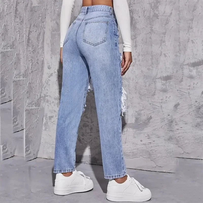 Hole High Waist Mom Jeans Women Flare Pants Denim Autumn 2025 Casual Long Streetwear Slim Fit Trousers Capris Baggy Jeans