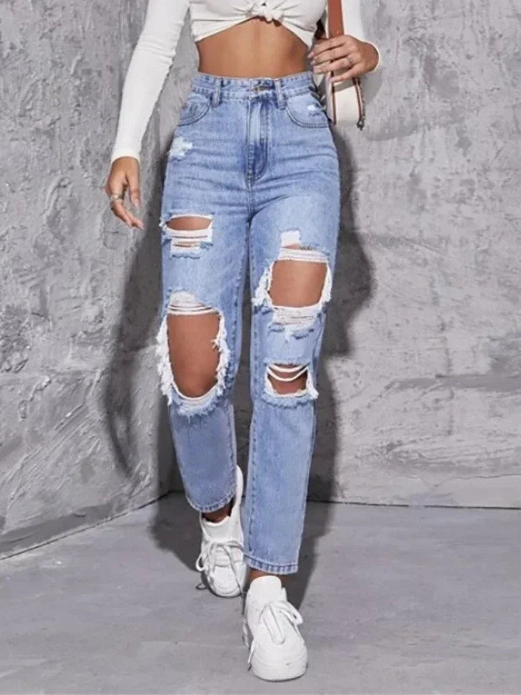 Hole High Waist Mom Jeans Women Flare Pants Denim Autumn 2025 Casual Long Streetwear Slim Fit Trousers Capris Baggy Jeans