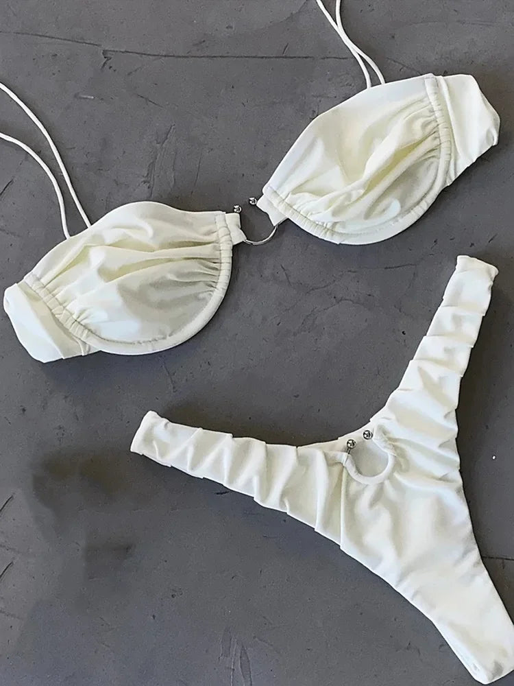 2025 New Summer Swimwear Bikinis Set Sexy Solid Spaghetti Strap Bikini 2 Piece Set Women Split Swimsuit Low Waist Beach Bikini