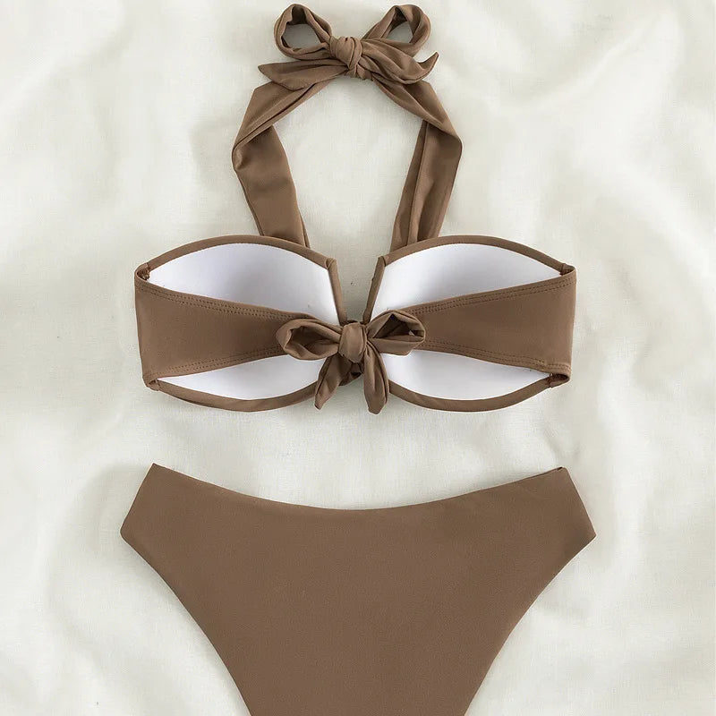 Cikini-Twist Halter Push Up Bikini Swimsuit for Women, Two-Piece Bikinis Set, Beach Swimwear, Bathing Suit, Summer, New, 2022
