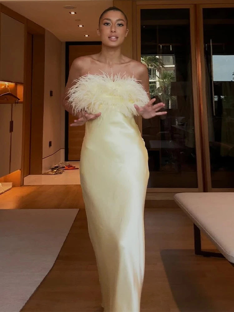 Fashion High Waist Yellow Feather Splicing Long Gown Chic Summer Sleeveless Dress Women Elegant Satin Strapless Party Robes 2025