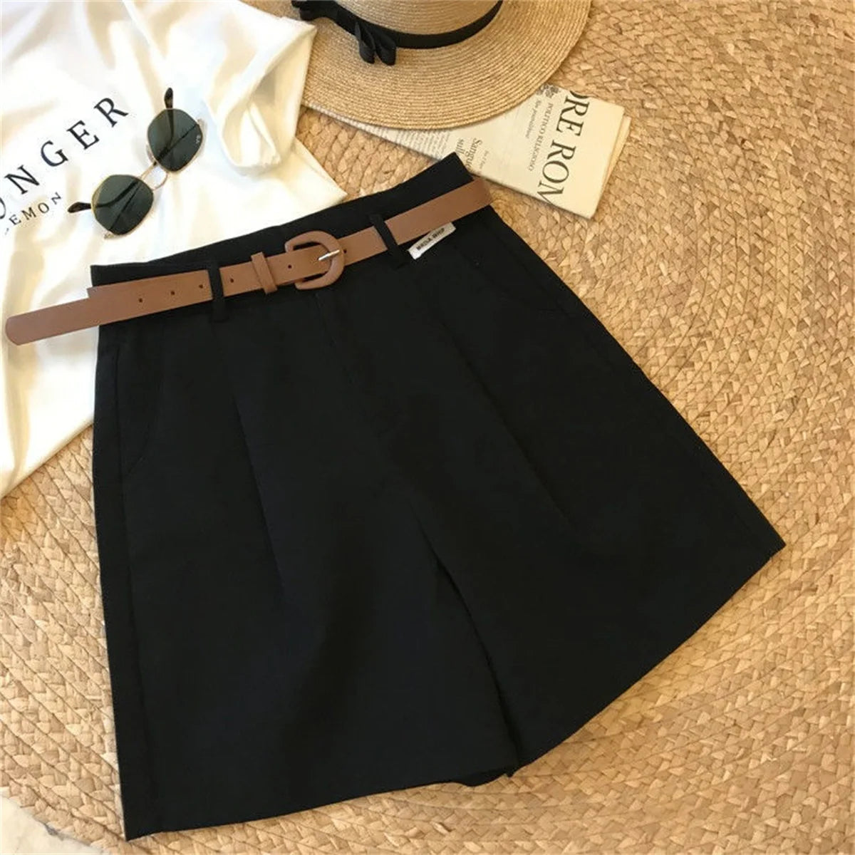 Summer Wide Leg Shorts For Women Fashion Solid A Line Office Lady Classic Short Pant Korean High Waist Suit Shorts Casual Zipper