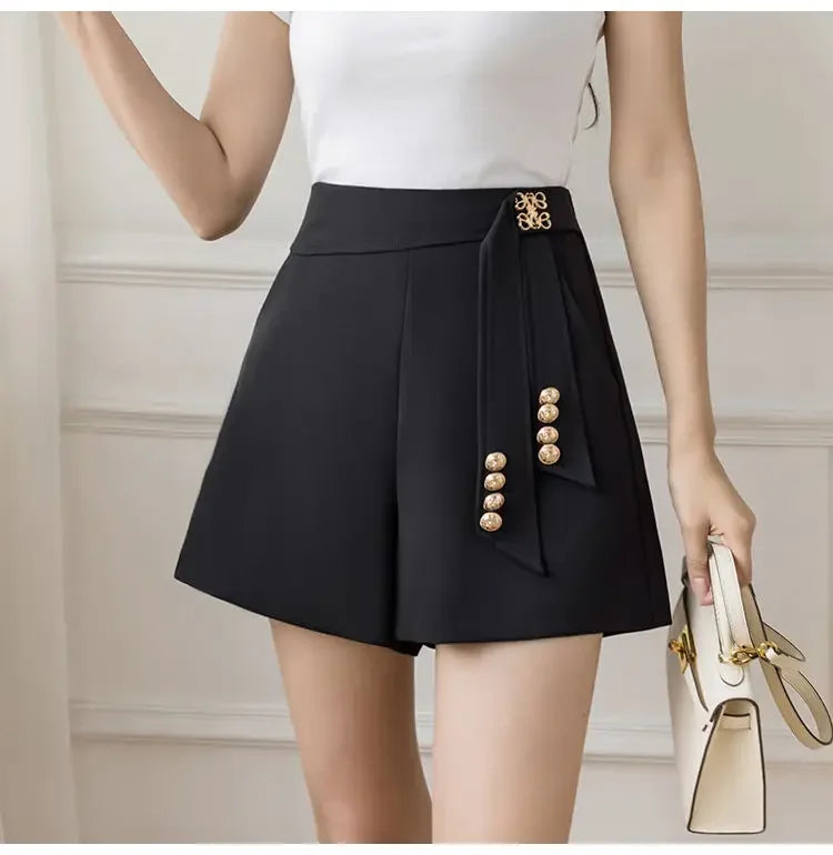 Casual All-match High Waist Wide Leg Shorts for Female Simplicity Commute Solid Color Spliced Shorts Fashion Women's Clothing