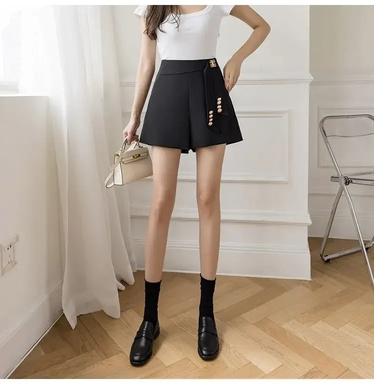 Casual All-match High Waist Wide Leg Shorts for Female Simplicity Commute Solid Color Spliced Shorts Fashion Women's Clothing