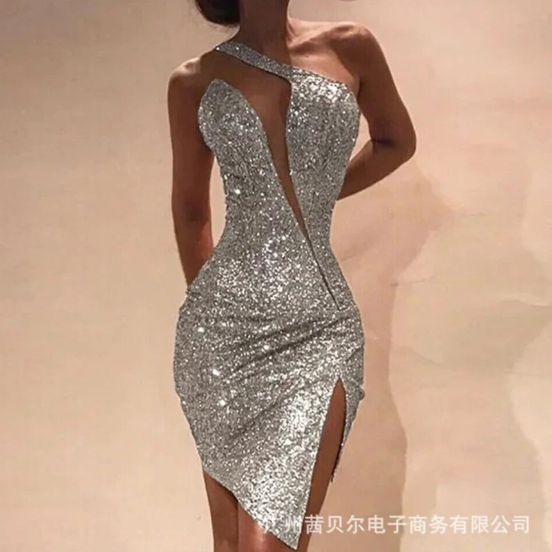 Women New One-shoulder Split Dress Sleeveless Sexy High Waist Bodycon Mini Dress