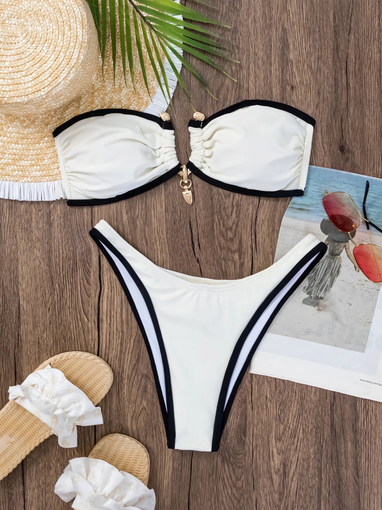 Bandeau Bikini 2025 Women Sexy Beige Contrast Pleate Push Up Micro Swimwear Brazilian Cut Out Beach Bathing Suit Thong Swimsuit
