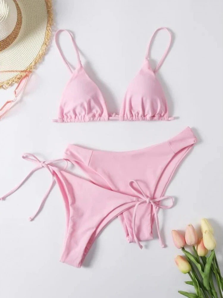 OIINAA Sexy Bikini Set Women Swimsuit Solid Three-pieces Lace Up Bow Swimwear Beachwear Summer 2025 Thong Bather Bathing Suit