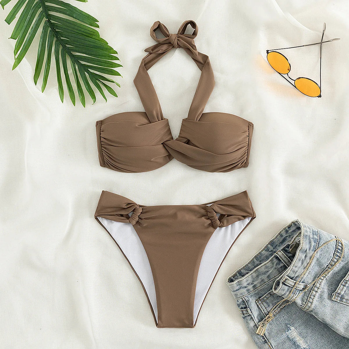 Cikini-Twist Halter Push Up Bikini Swimsuit for Women, Two-Piece Bikinis Set, Beach Swimwear, Bathing Suit, Summer, New, 2022