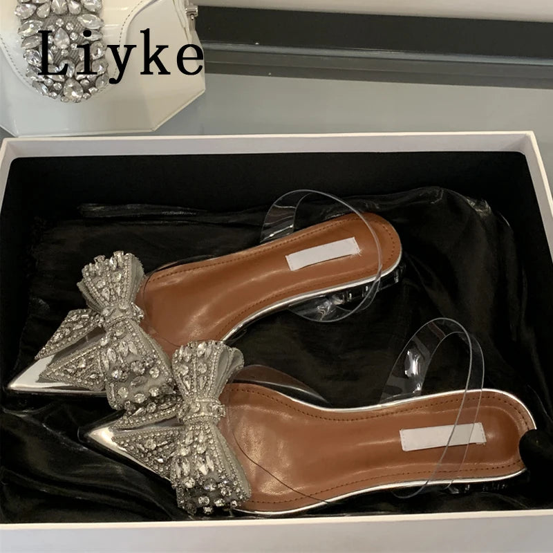 Liyke Fashion Design Crystal Bowknot Women Pumps Sexy Pointed Toe Mules Low Square Heels Slingback Shoes PVC Transparent Sandals