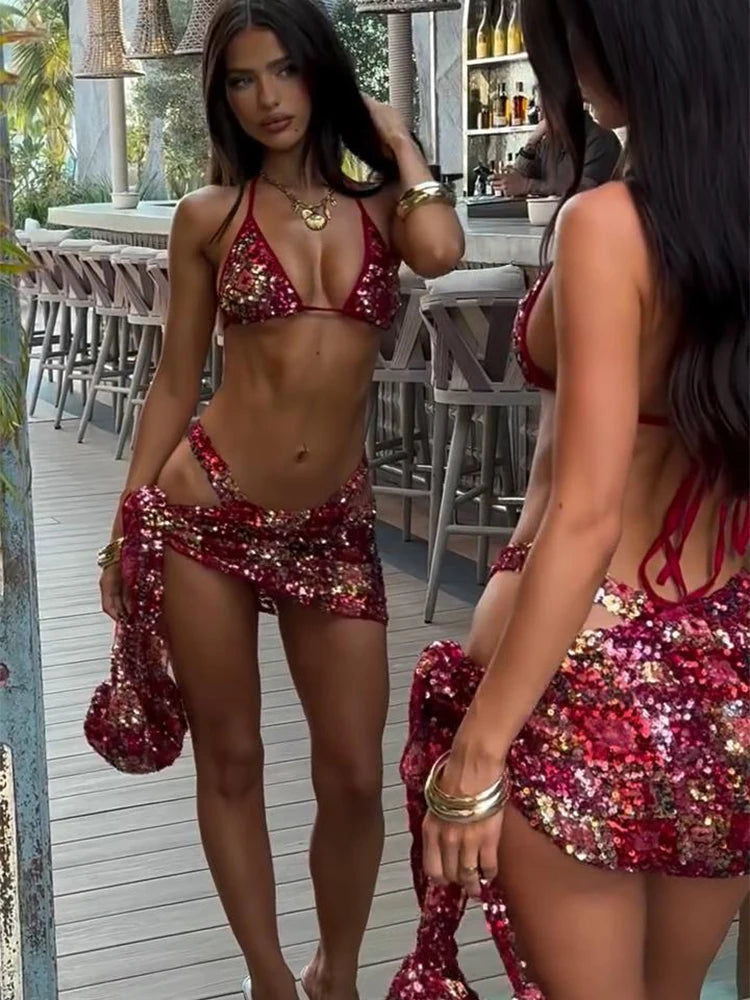 Sexy Sequin Bikini Skirt Sets Women Backless Sleeveless Halter Bikinis Lace Up Slim Mini Skirts Set 2025 Summer Lady Beach Suit