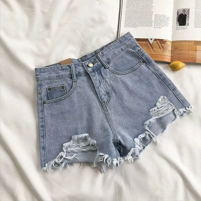 High Waist Summer New Shorts Pants Fashion Women Korean Denim Ripped Tassel Y2K Jeans Short Casual Streetwear Hot Blue Trousers