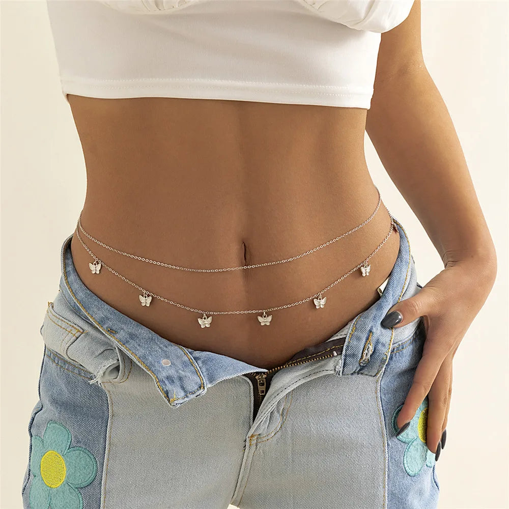 2Pcs Romantic Sweet Waist Chain Bohemian Creative Crystal Beaded Decor Belly Chain for Women Beach Bikini Chain Party Jewelry