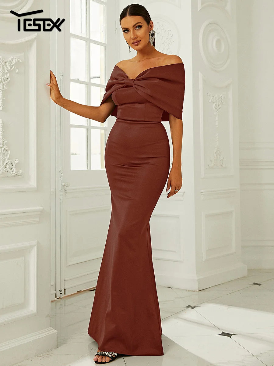 Yesexy New Off Shoulder Mermaid Hem Wedding Dresses Women Elegant Maxi Bow Front Evening Party Dress Black Bodycon dress