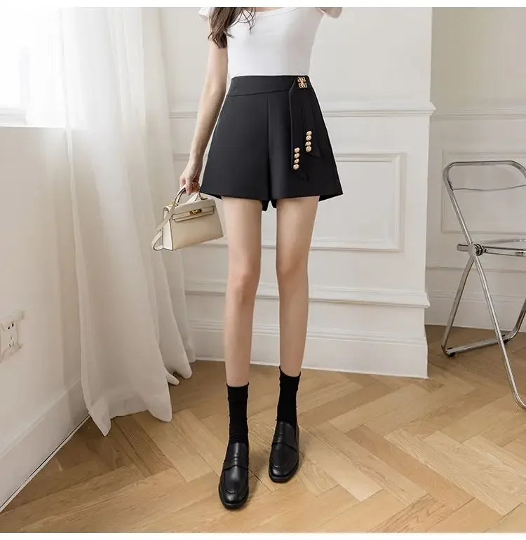 Casual All-match High Waist Wide Leg Shorts for Female Simplicity Commute Solid Color Spliced Shorts Fashion Women's Clothing