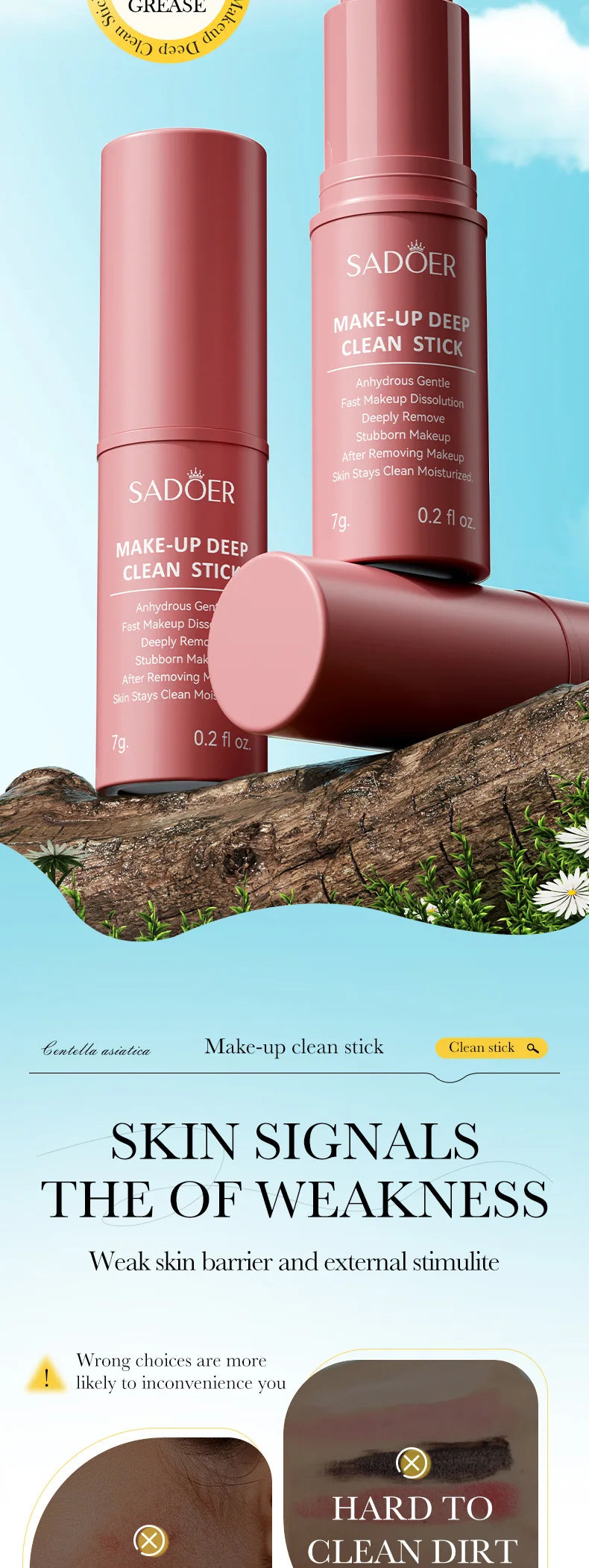 SADIER Centella Solid Face Cream Stick Smooth Repair Skin Barrier Moisturizing Oil Control Makeup Removal Face Skin Care Stick