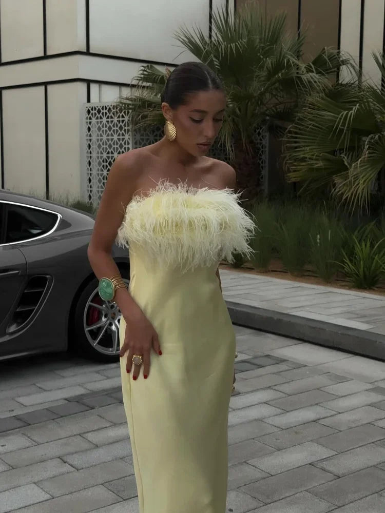 Fashion High Waist Yellow Feather Splicing Long Gown Chic Summer Sleeveless Dress Women Elegant Satin Strapless Party Robes 2025