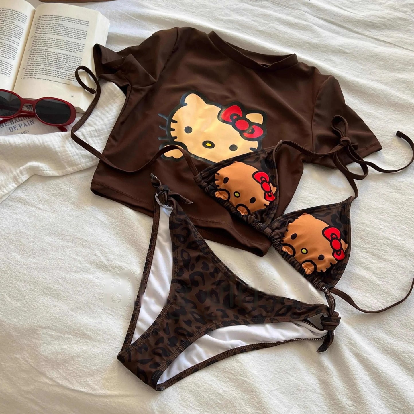 Kawaii Hello Kitty Beach Sexy with Chest Cushion Bikini Three Piece Set Sanrio Comic Split Body Swimsuit Underwear Set Kit Gift