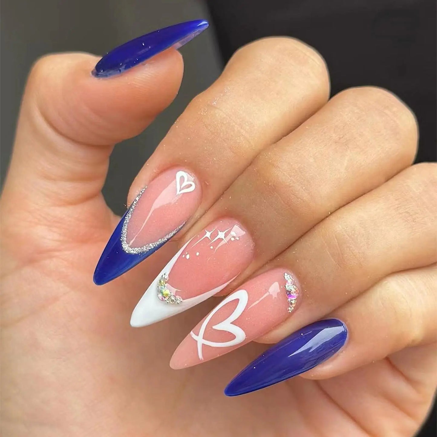 Valentines Press on Nails Medium Almond Fake Nails Blue French Tips with Heart Design Rhinestone Glue on Nails Acrylic Artificial Nails Full Cover Stick on Nails for Women & Girls 24 Pcs