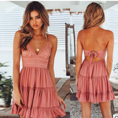 Lace Spliced Sexy Dress with Bow Princess Style