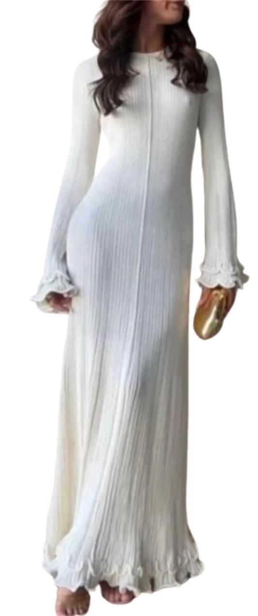 QNI Maxi Dress with Ruffles Crochet Dress Cream Dress Tie Back Knot Dress Bodycon Long Sleeve Sweater Dress (WhiteSSmall)