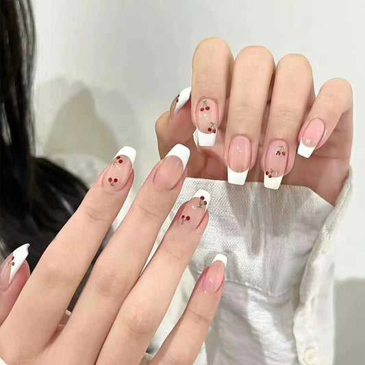 IMSOHOT Press on Nails Medium Coffin Fake Nails White French Tips False Nails Cute Cherry Designs Ballerina Shape Full Cover Glossy Glue on Nails Acrylic Artificial Stick on Nails for Women Girls