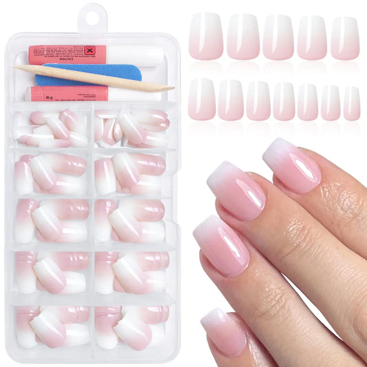 Bellelfin 120Pcs Short Ombre Press on Nails Coffin Nude Gradient Fake Nails Ballerina Ombre Glue on Nails Full Cover Artificial Acrylic Nails Press on False Nails for Women Girls Fingernails Design