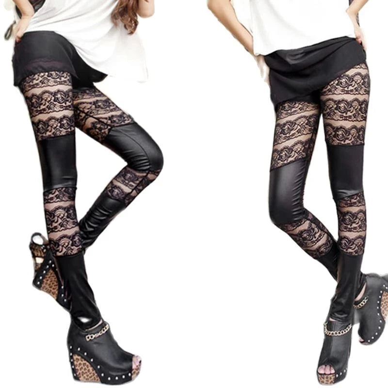 women gothic floral lace large Leggings lady punk rock club party disco pants high wasit Skinny stretched imitation leather pant