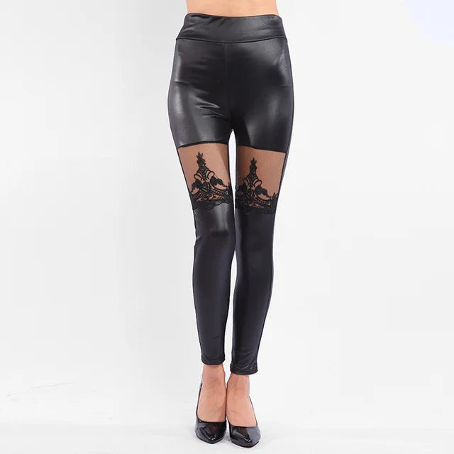 women gothic floral lace large Leggings lady punk rock club party disco pants high wasit Skinny stretched imitation leather pant