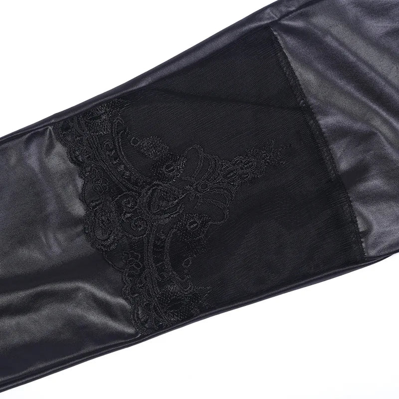 women gothic floral lace large Leggings lady punk rock club party disco pants high wasit Skinny stretched imitation leather pant