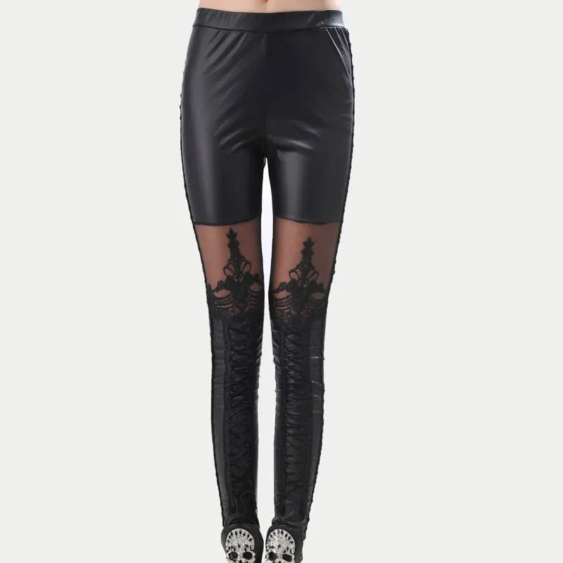 women gothic floral lace large Leggings lady punk rock club party disco pants high wasit Skinny stretched imitation leather pant