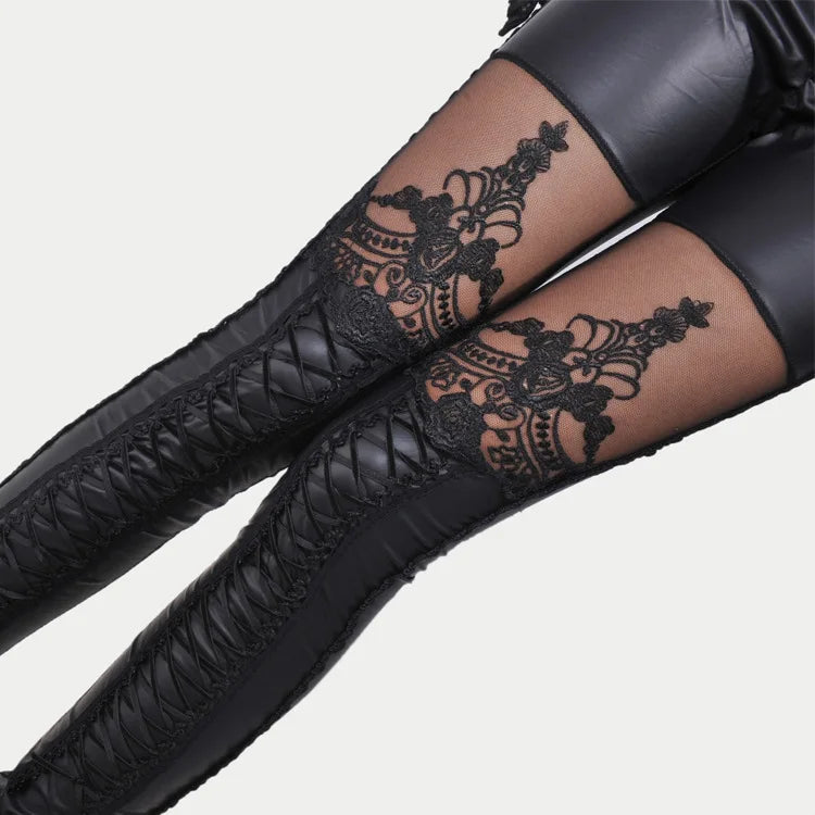 women gothic floral lace large Leggings lady punk rock club party disco pants high wasit Skinny stretched imitation leather pant