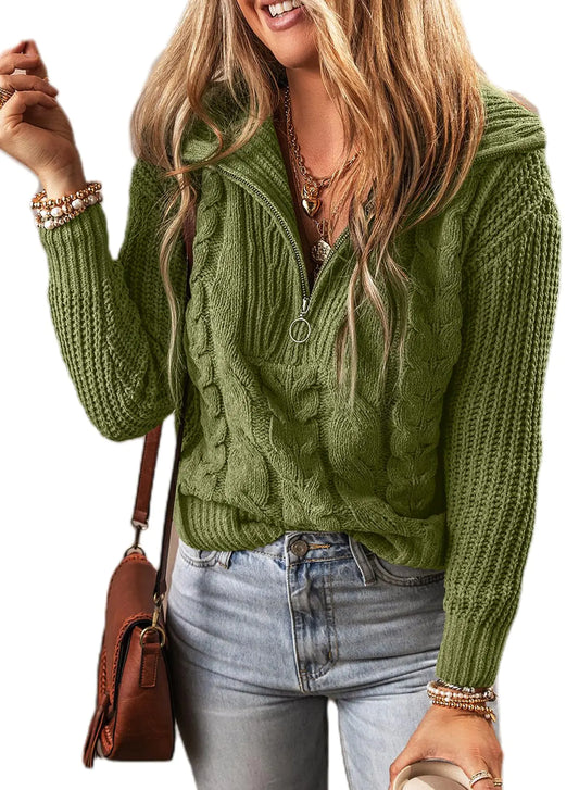 EVALESS Womens Sweaters Fall Outfits Trendy 2024 Business Casaul Work Clothes Quarter Zip Oversized Pullover Sweaters Cute Long Sleeve Chunky Knit Green Sweater for Women Winter Clothing X-Large