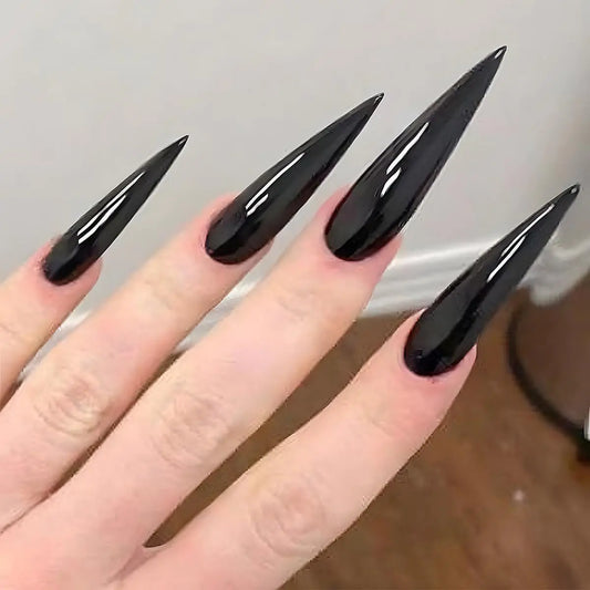 Long Stiletto Press on Nails Black Fake Nails Color Solid False Nails with Deisgns Artificial French Acrylic Glue on Nails Fall Winter Stick on Nails Claw for Women and Girls 24 Pcs