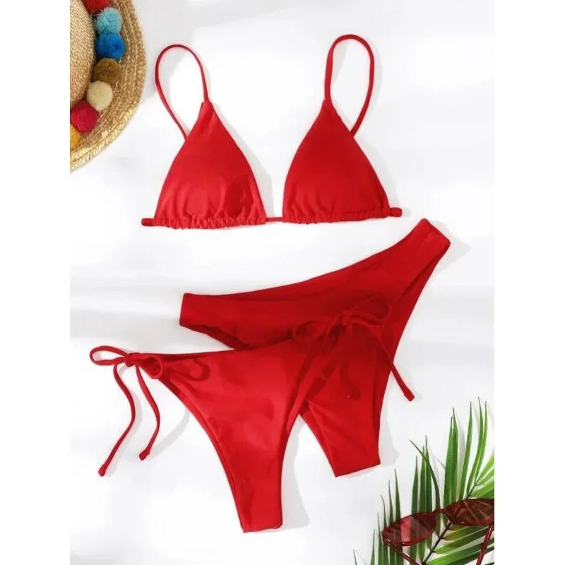 OIINAA Sexy Bikini Set Women Swimsuit Solid Three-pieces Lace Up Bow Swimwear Beachwear Summer 2025 Thong Bather Bathing Suit