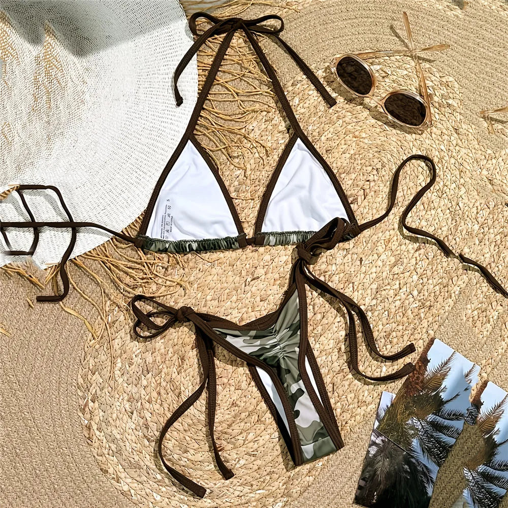 Camouflage Print Halter String Triangle Bikini Mini Micro Sexy Swimsuit Women 2025 Lace-up Swimwear Bathing Suit Bikinis Sets