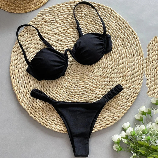 Sexy Push Up Swimsuit for Women White Micro Bikini Thong Underwired Swimwear Bathing Suit Black Bikinis Sets 2025 Mujer Bather
