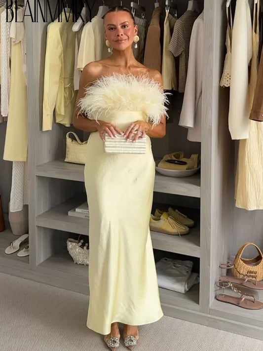 Fashion High Waist Yellow Feather Splicing Long Gown Chic Summer Sleeveless Dress Women Elegant Satin Strapless Party Robes 2025