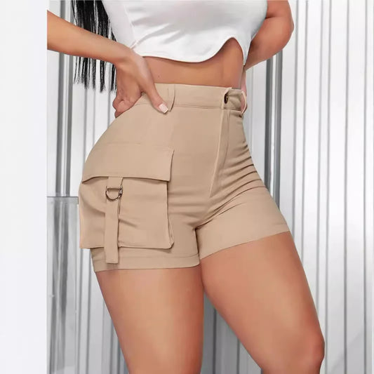 Shorts Solid Women Zipper Fly High Waist Shorts Casual Spliced Pockets Patchwork 2025 Summer Button Skinny Slim Fit Sports