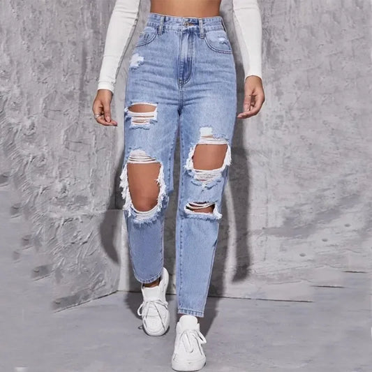 Hole High Waist Mom Jeans Women Flare Pants Denim Autumn 2025 Casual Long Streetwear Slim Fit Trousers Capris Baggy Jeans