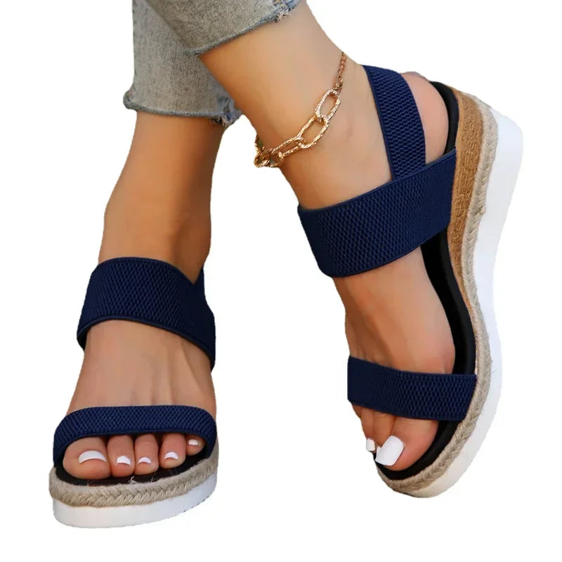 Women's Shoes 2025 Hot Sale Elastic Band Women's Sandals Summer Open Toe Solid Color Wedge Beach Shoes Ladies Platform Sandals